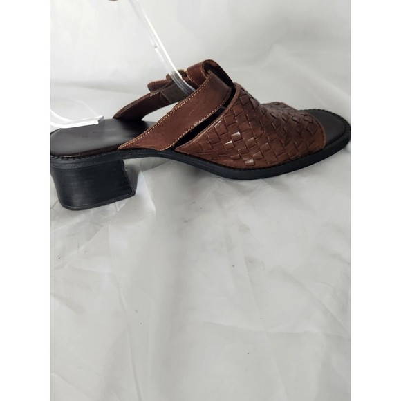 Square Heel Open Toe Leather Woven Upper Shoes Women’s Size 8.5‎ Brown Buckle - Picture 7 of 14